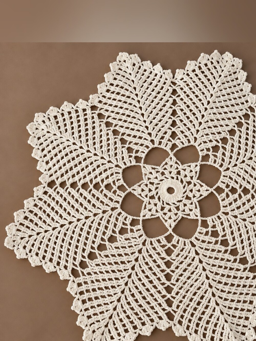 Vintage Hand Crocheted Doily 14" Cream White Lace Pineapple Leaf Cottagecore